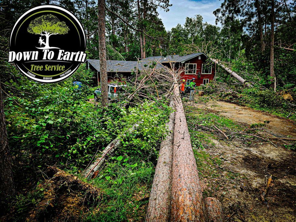 Down To Earth Tree Service logo with a tree felled near a red house in a forest.