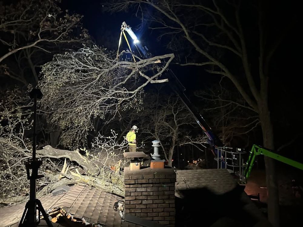 Tree service at night: worker in lift trimming branches over a roof with a chimney, lit by spotlights.