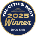 Tri-Cities Best 2025 Winner badge in gold and white on a dark blue background, Tri-City Herald logo