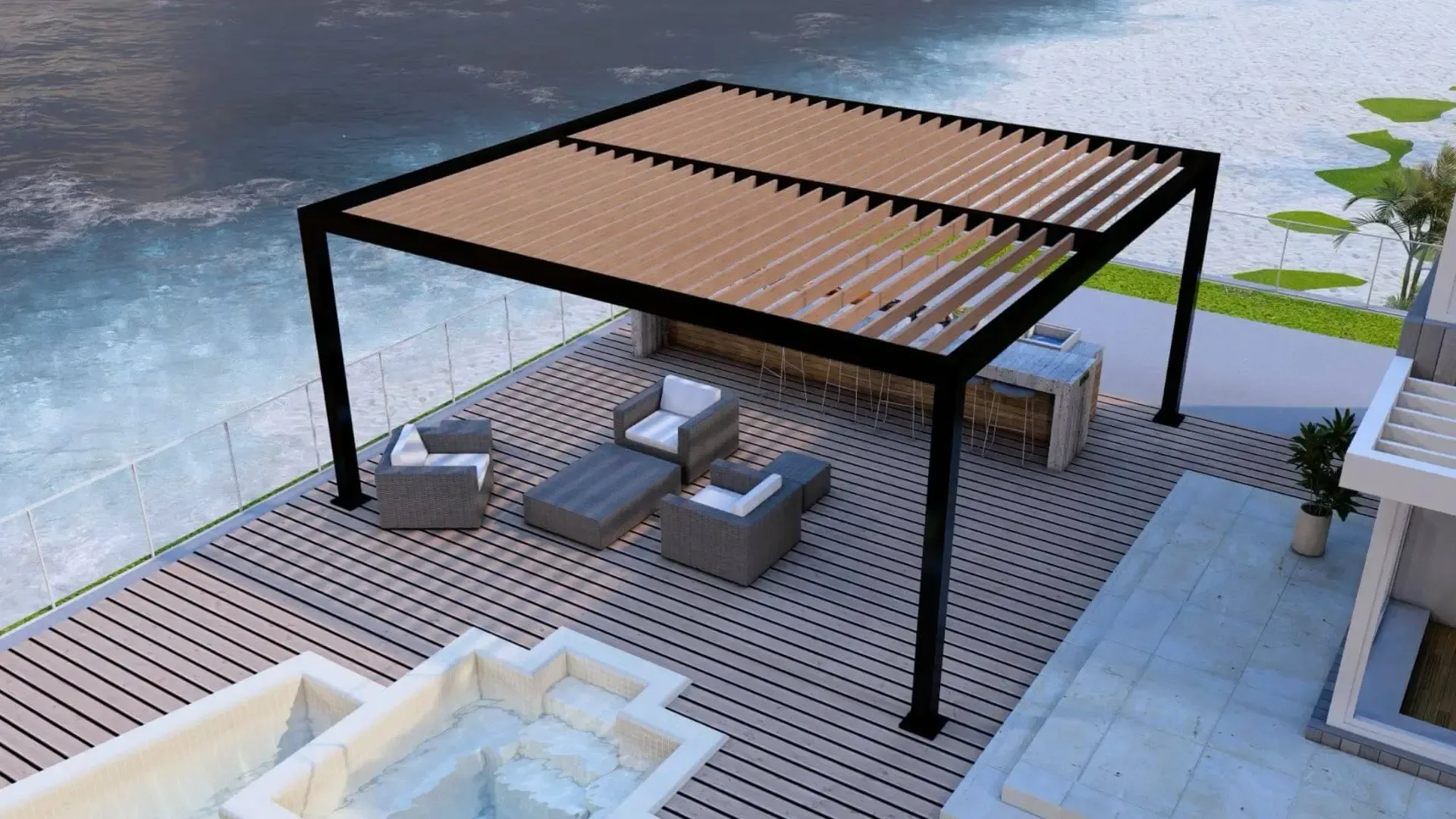 A pergola is sitting on top of a wooden deck next to a pool.