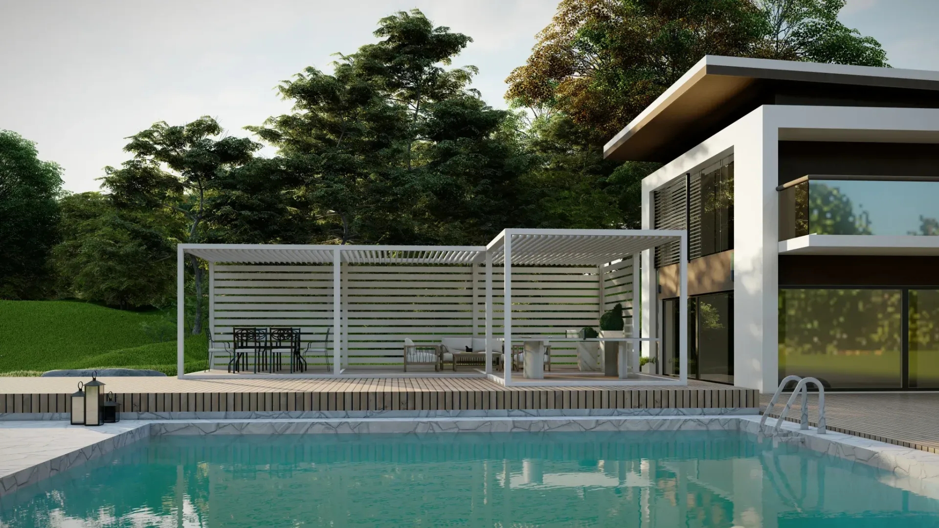 A modern house with a swimming pool in front of it