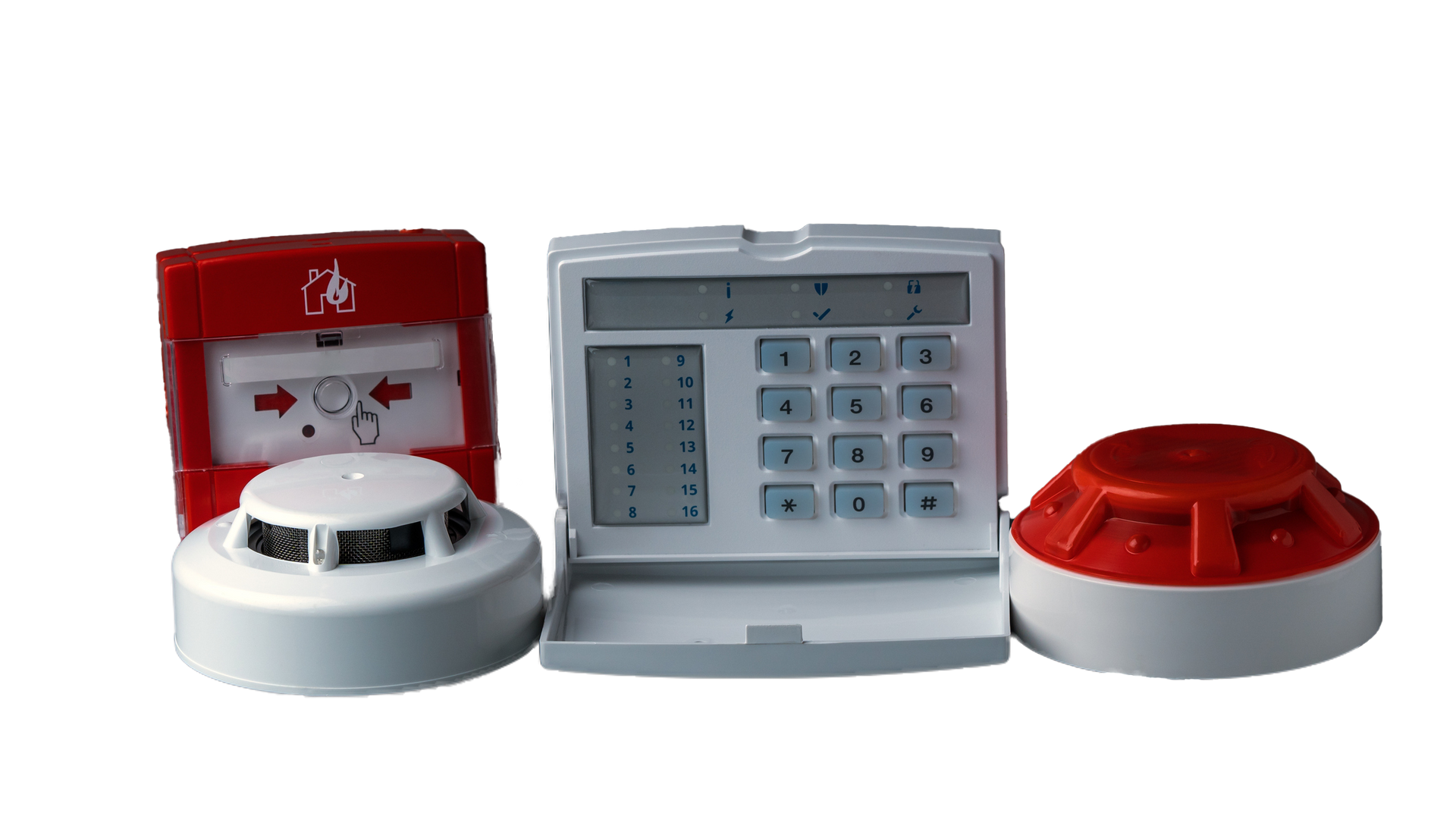 A smoke detector , a fire alarm , and a keypad on a white background.