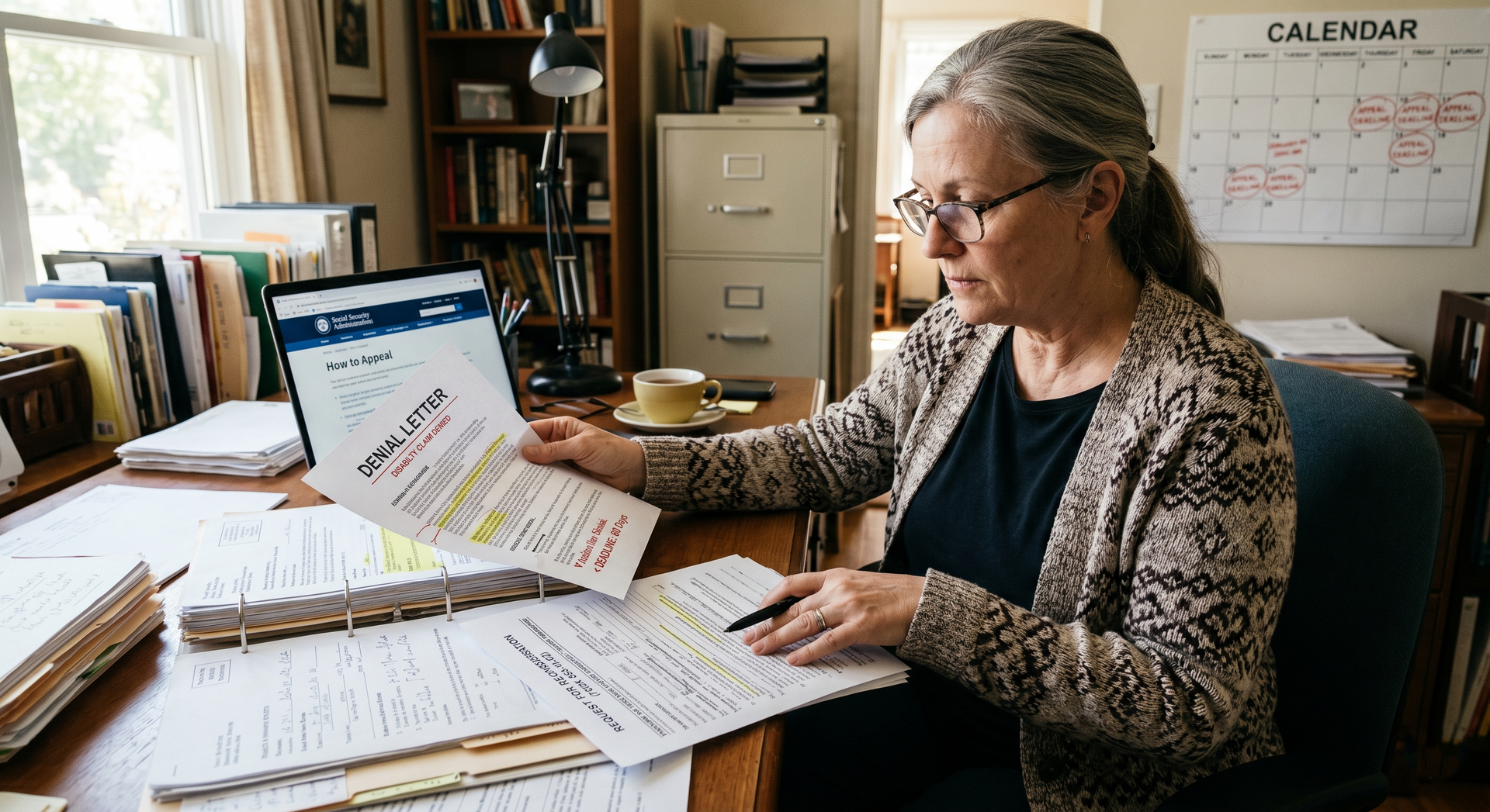 Person reviewing papers at a desk in a cluttered office, with calendar and books in the background