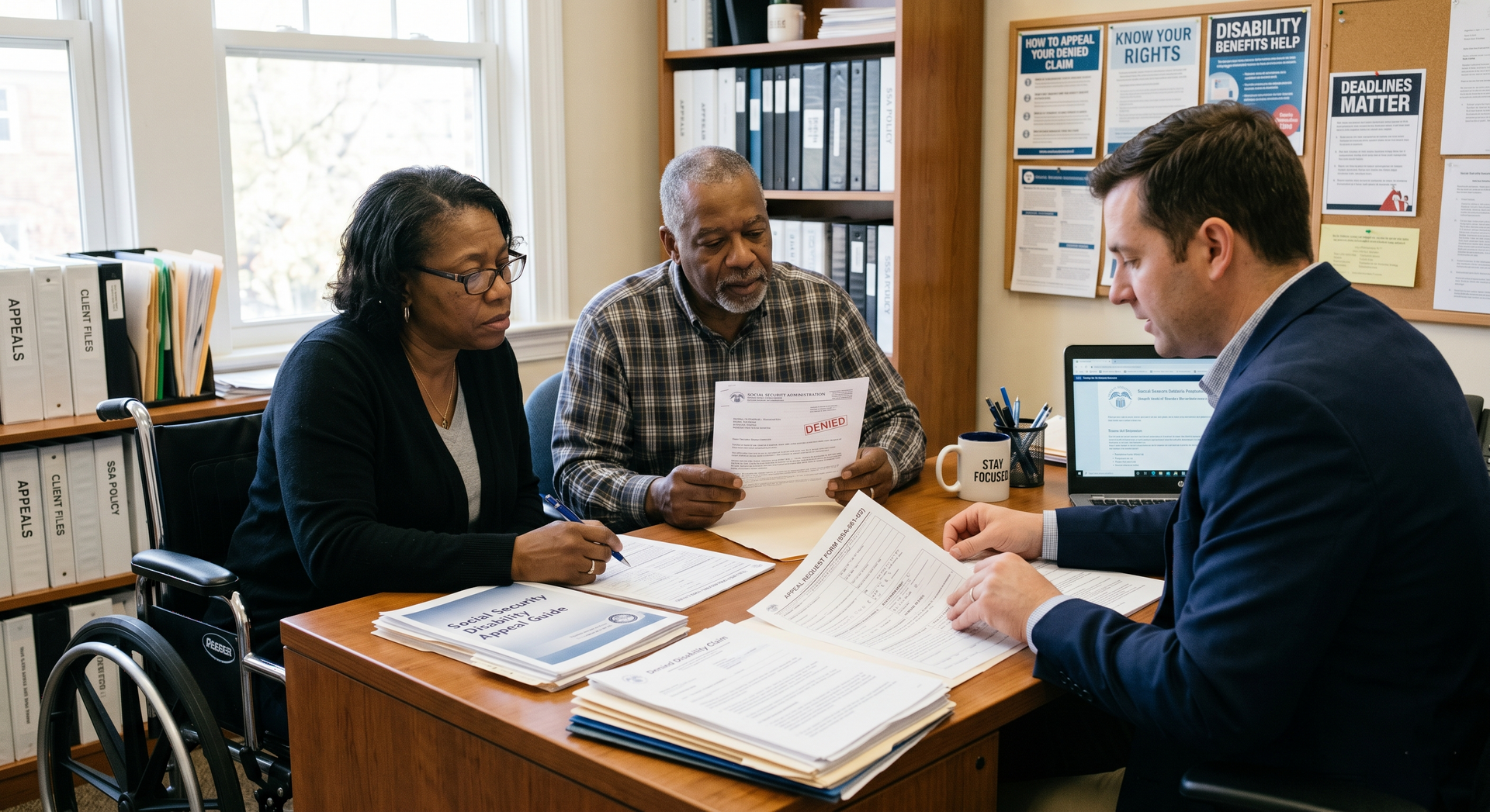 Three people discuss paperwork around a desk in a bright office.