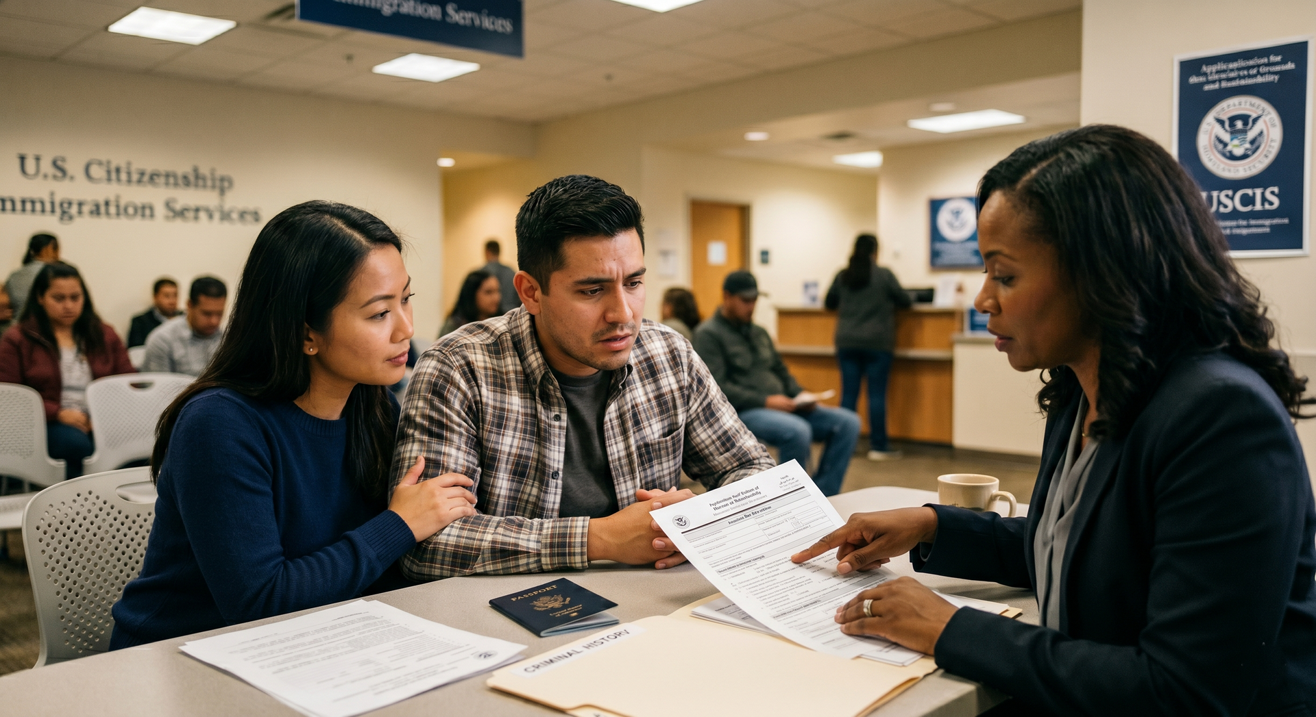 Three people discussing paperwork at a USCIS immigration services desk in an office lobby
