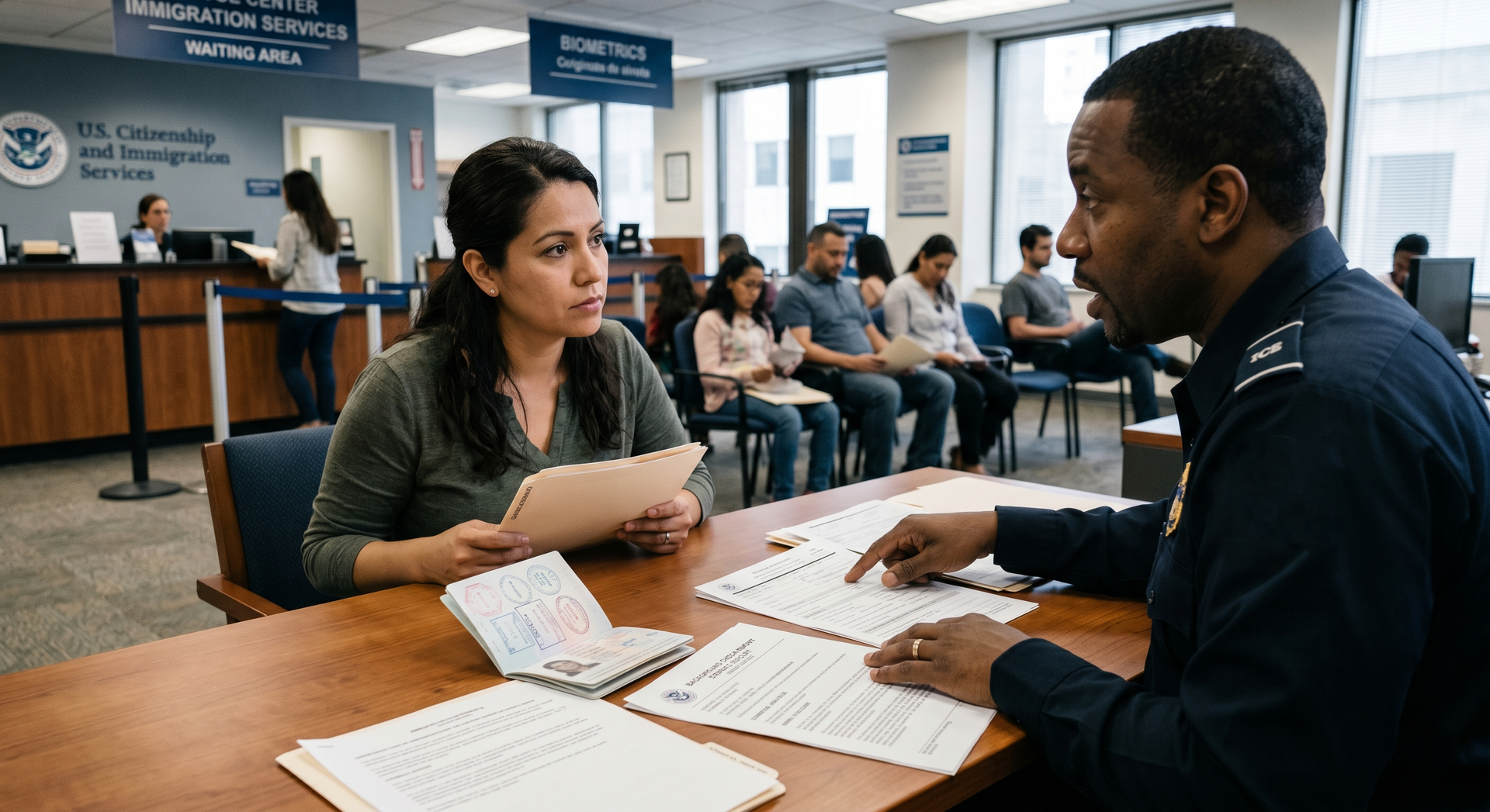 Customer service desk with two people reviewing paperwork, waiting area and seated customers in the background