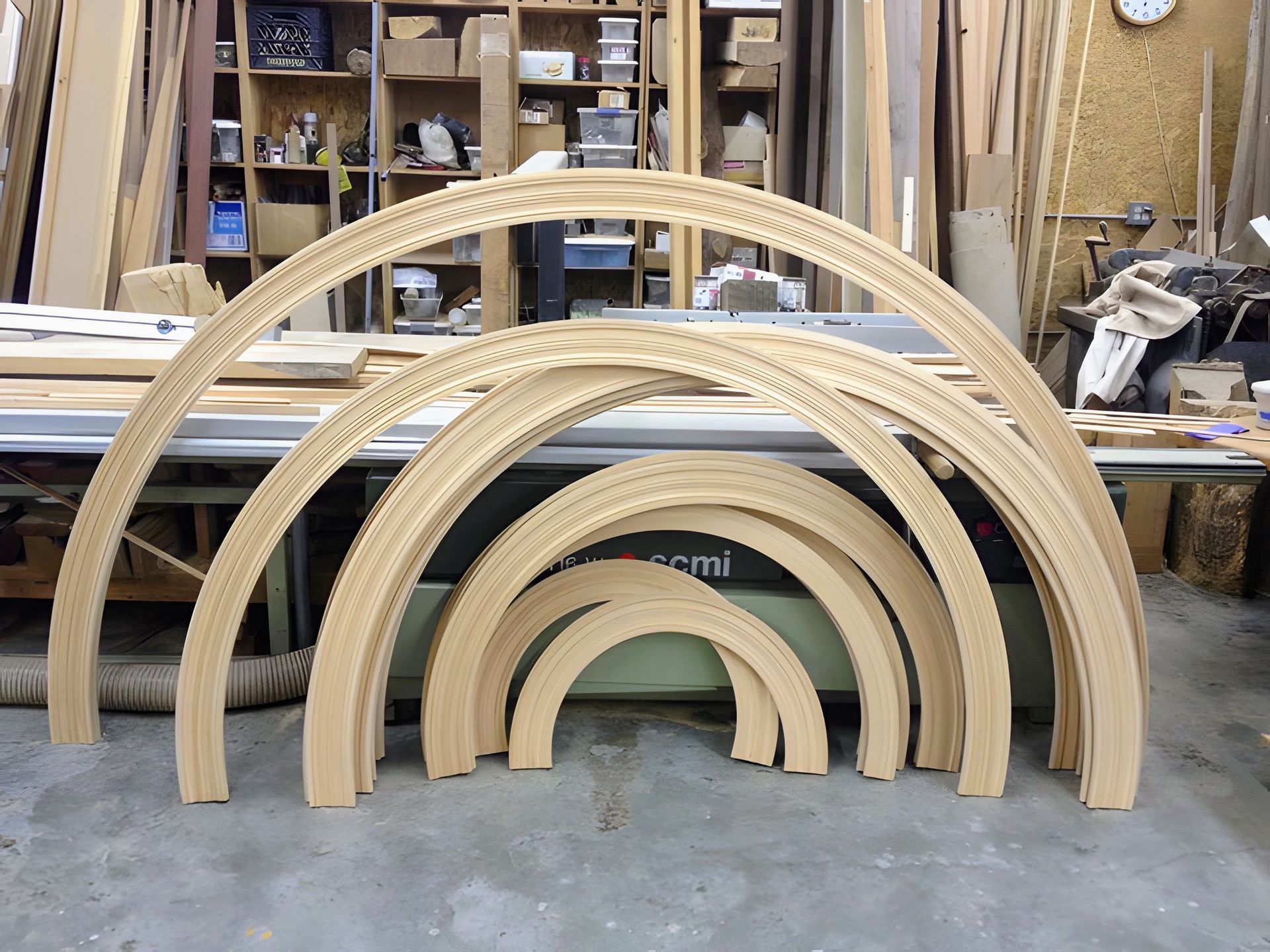 Nested wooden arches stacked in a workshop, forming a rainbow-like display on the floor