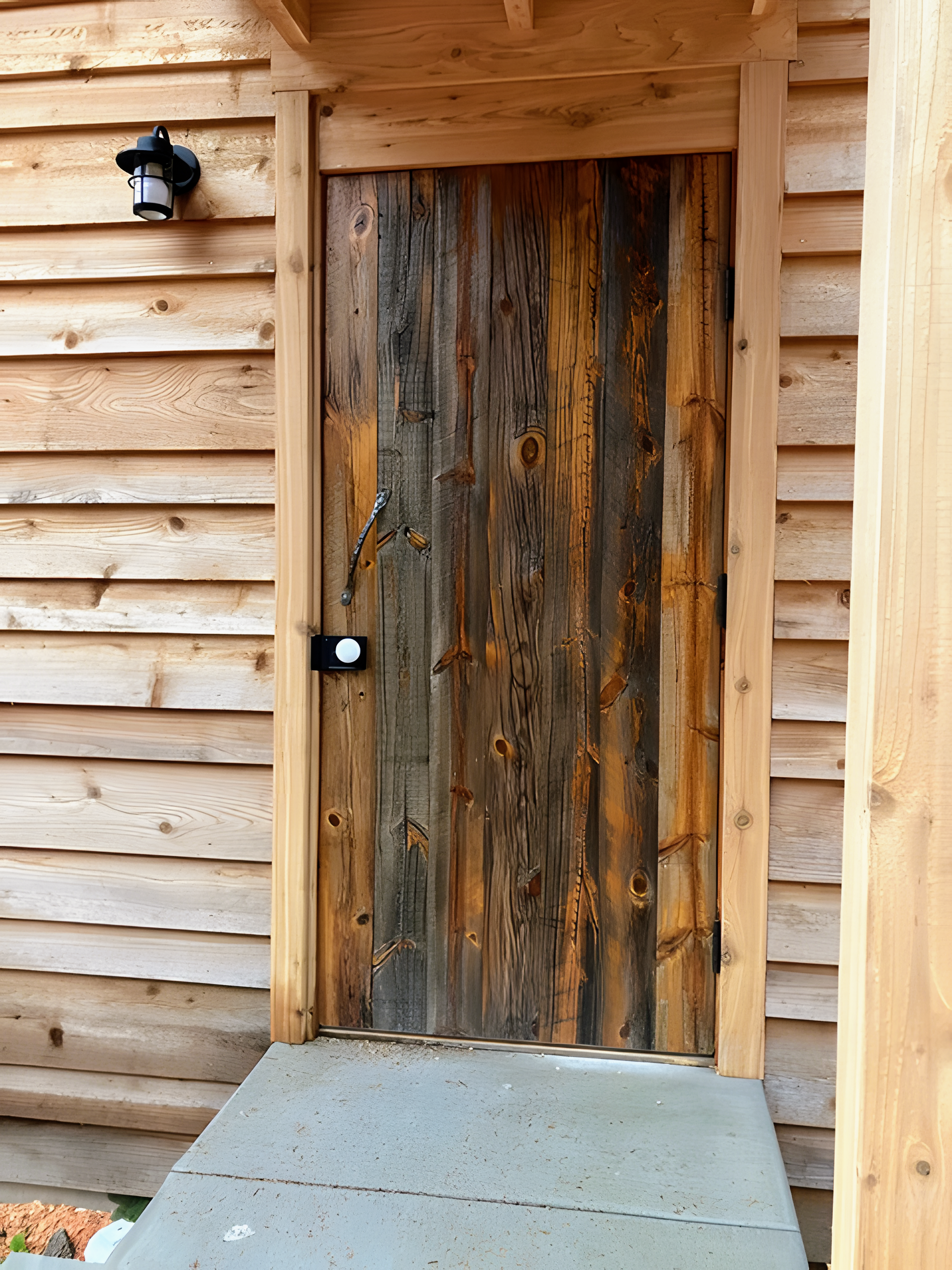 Rustic wooden front door with a black knob on a log cabin exterior, beside a concrete step.