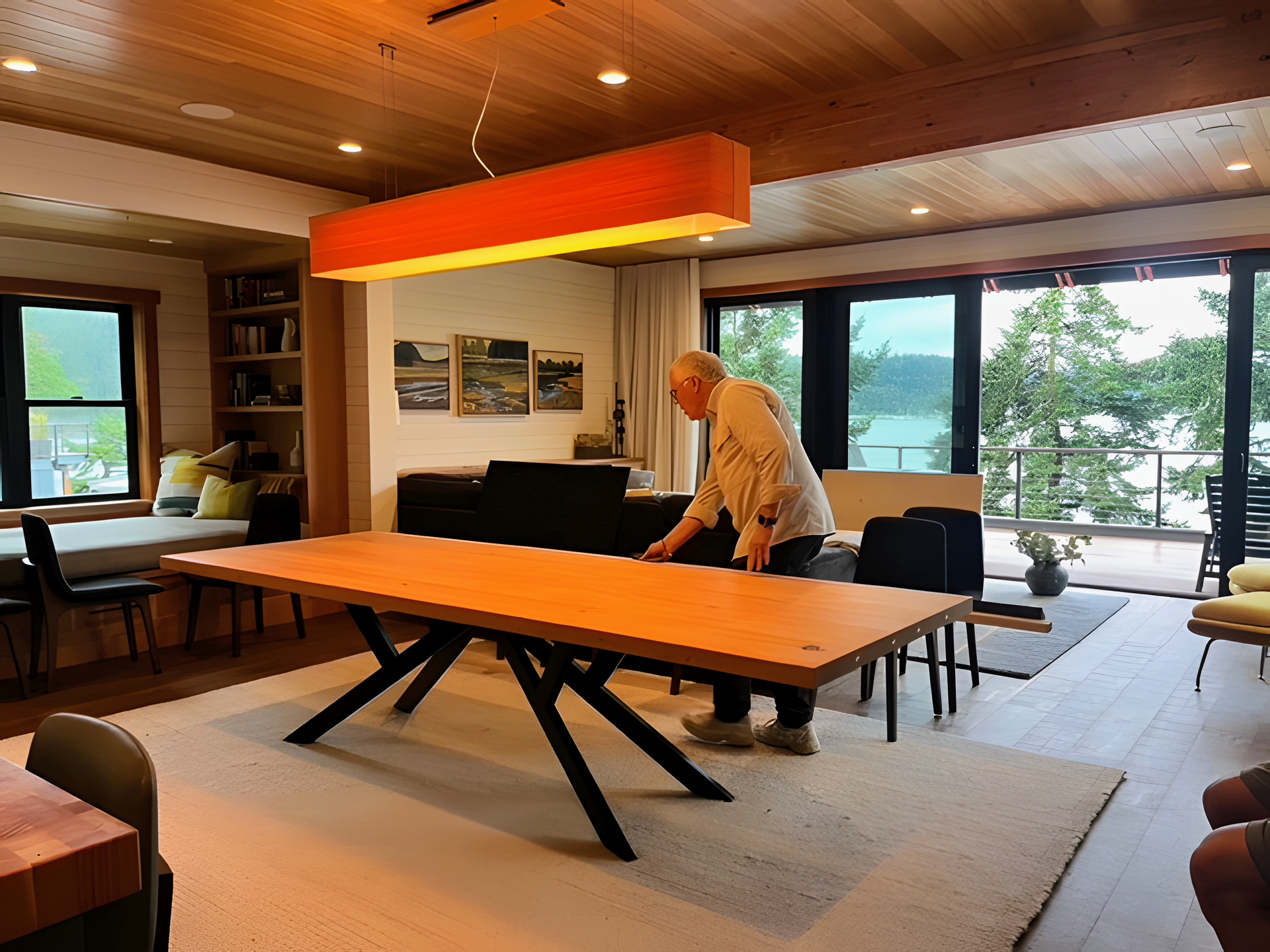 Man in a modern living room arranging a long wooden table beneath an orange pendant light.
