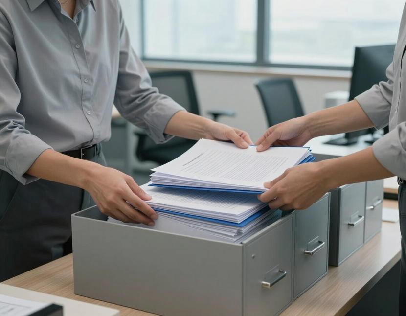 Professionista che archivia documenti contabili in un ufficio moderno