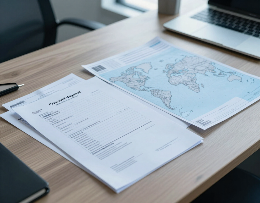 Documenti e mappa su una scrivania in un ufficio dedicato al commercio internazionale