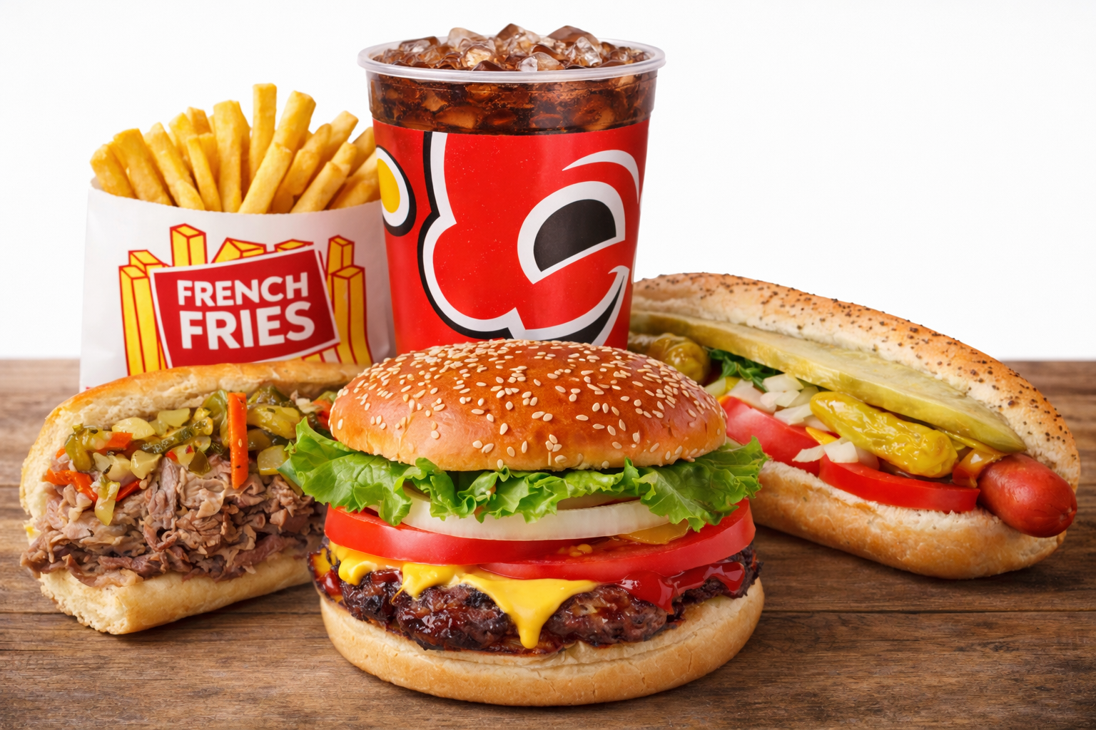 Fast food meal: burger, hot dog, roast beef sandwich, fries, soda.