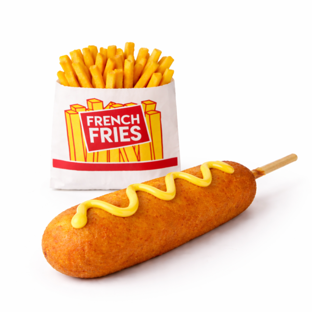 Corn dog with mustard, and a bag of French fries on a white background.