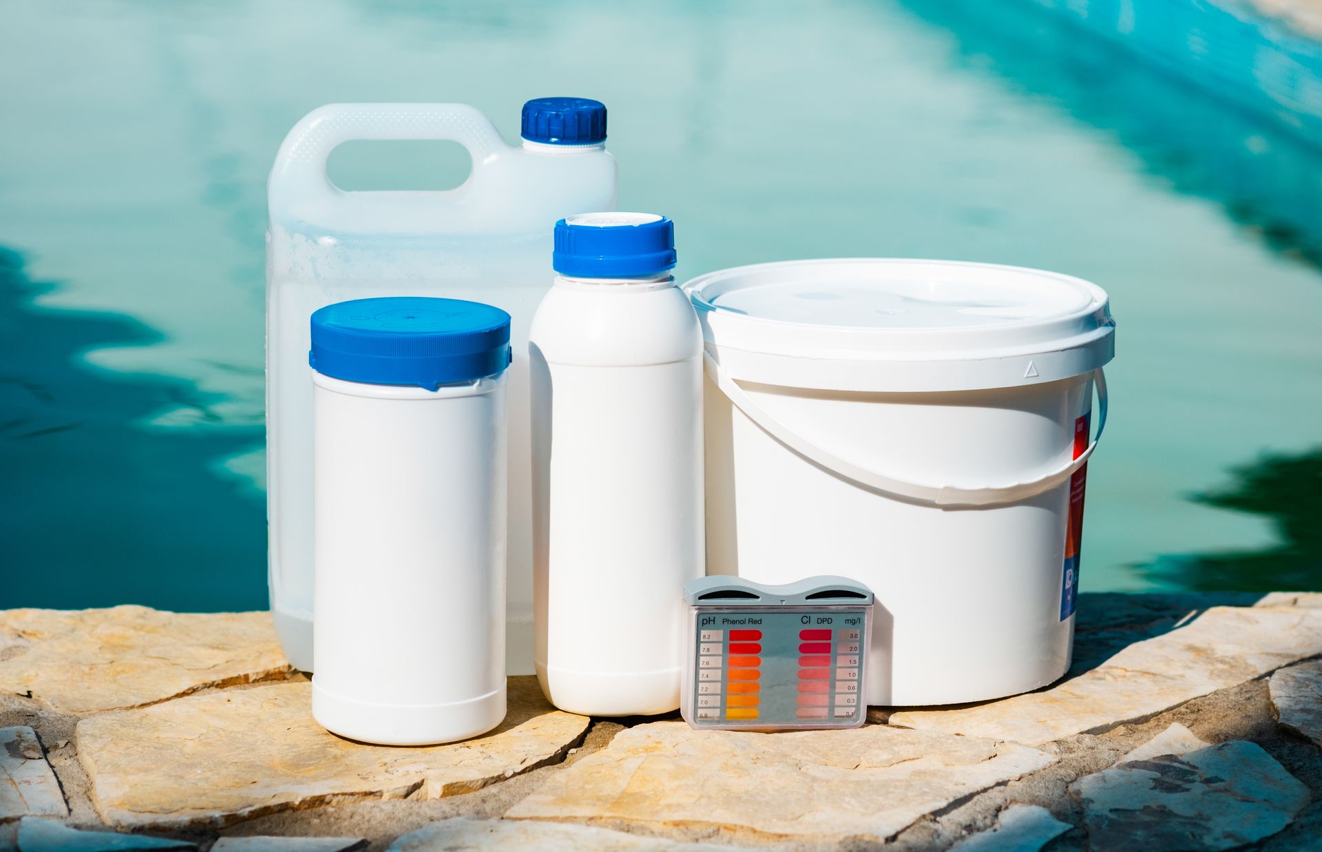 Pool chemicals in white containers with blue caps next to a pool and test strip.