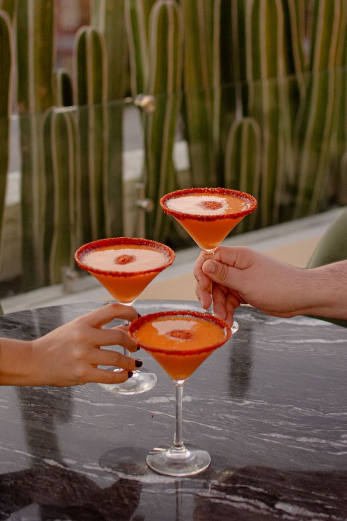 Tres cócteles de naranja, con el borde de especias rojas, se alzan en un brindis, sobre un fondo de cactus.