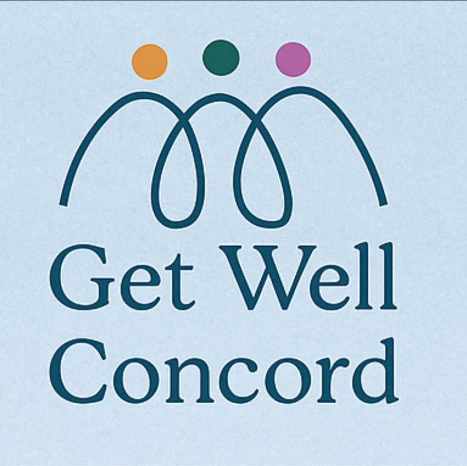 Logo for Get Well Concord with three colored circles above stylized arches, set against a light blue background.