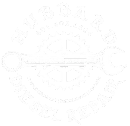 Black and white logo for Hubbard Diesel Repair. A wrench is centered over a gear, with the company name and contact information circling the edge.