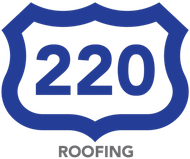 Blue shield logo with &ldquo;220&rdquo; and &ldquo;ROOFING&rdquo; text below