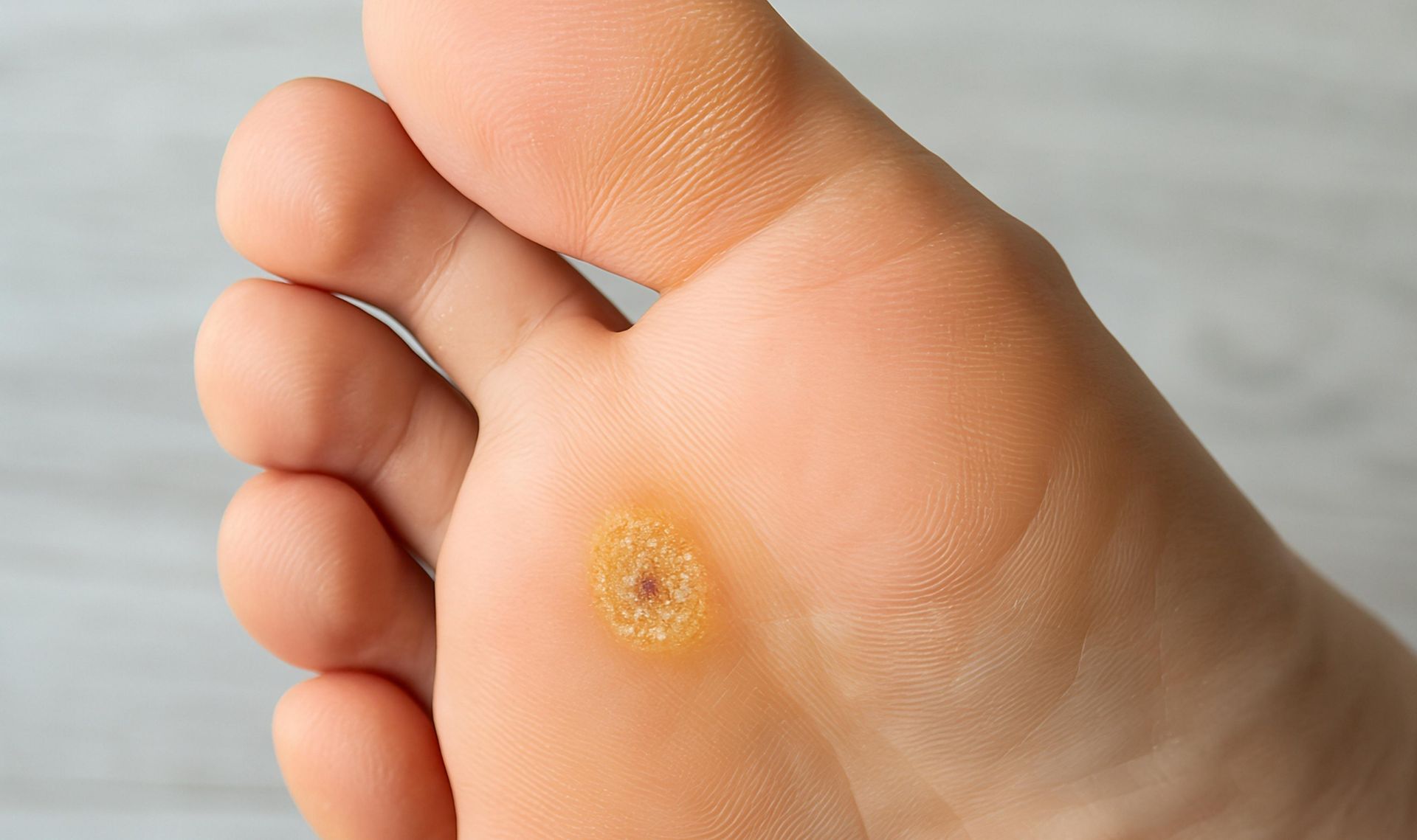 Foot with a plantar wart, a rough, raised growth on the sole of the foot.