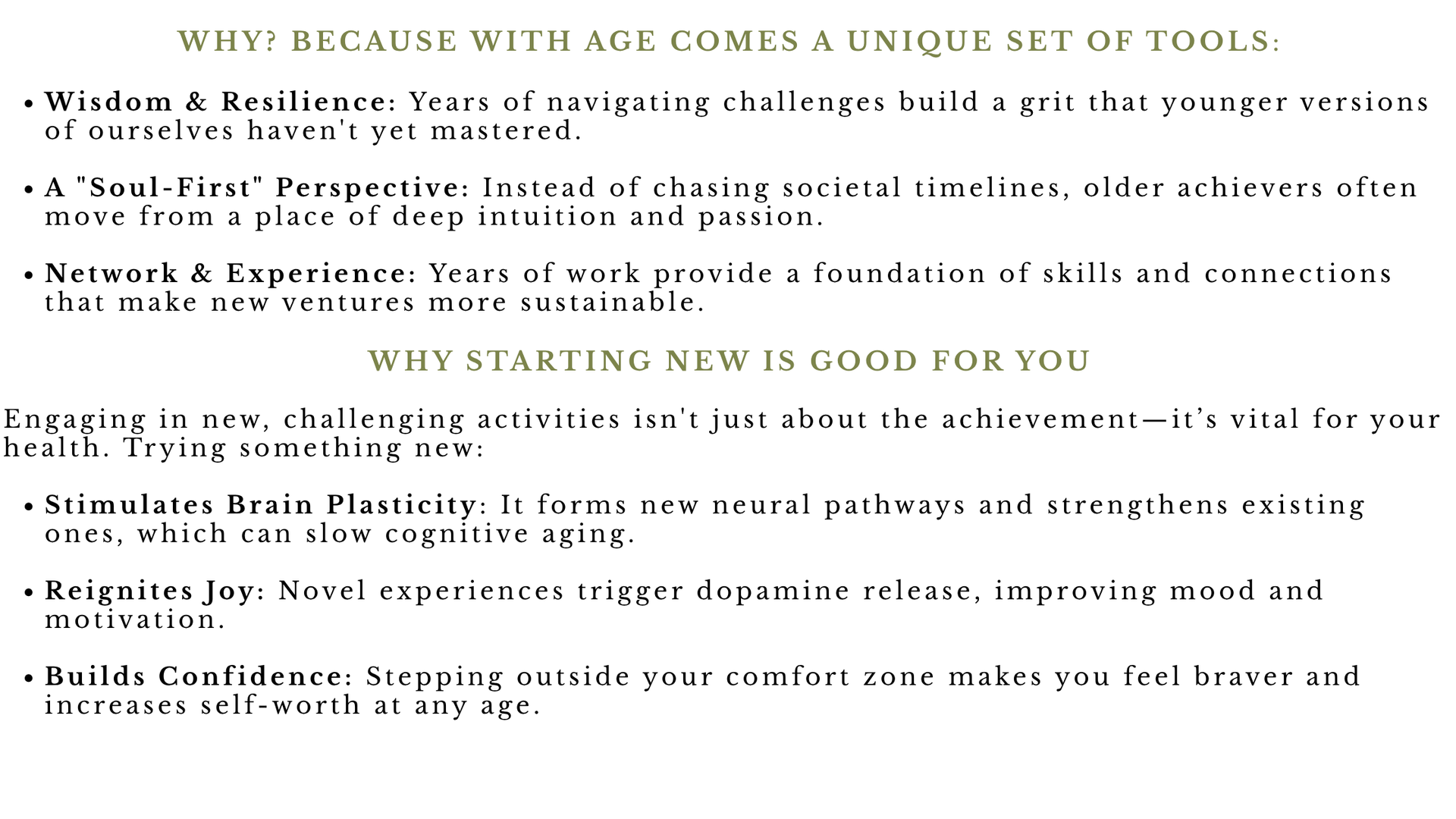 Text listing the benefits of aging, such as wisdom, resilience, and brain stimulation through new activities.