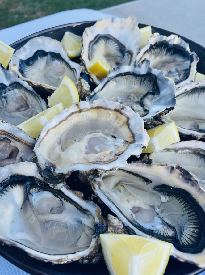 Huîtres fraîches sur une assiette noire, garnies de quartiers de citron.