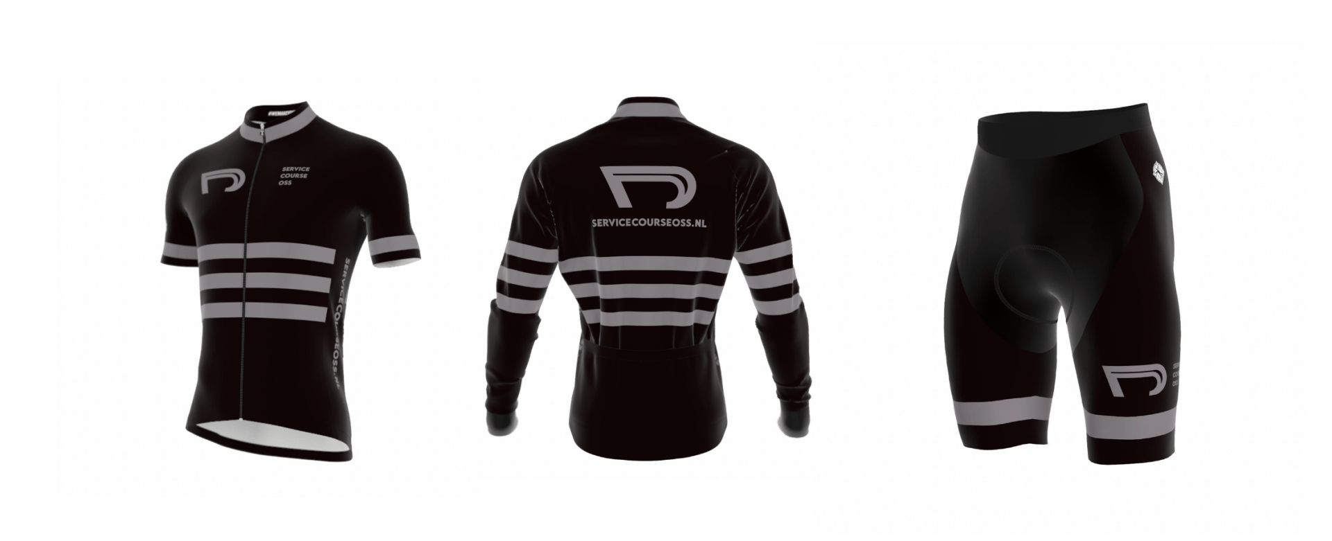 Zwart-wit wielerkleding set: shirt, shirt met lange mouwen en short op een witte achtergrond