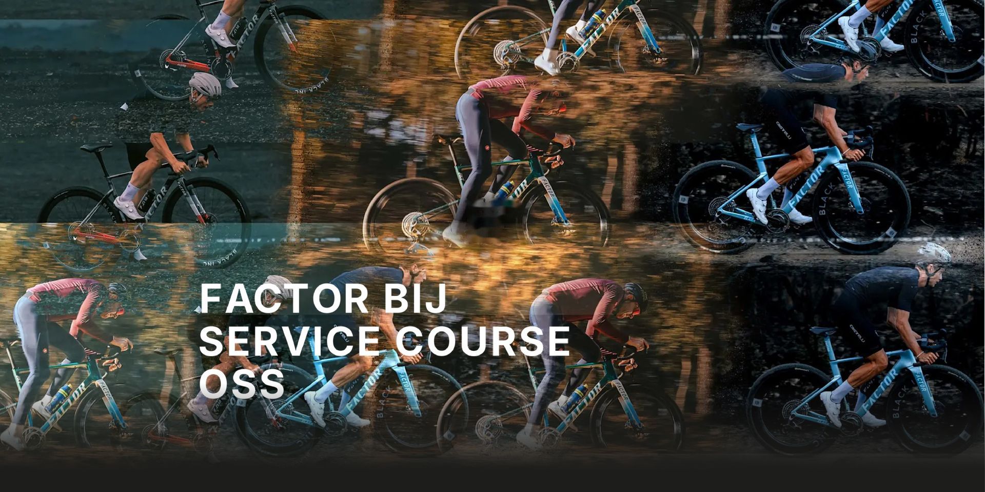 Fietsers rijden ’s nachts door natte straten in de stad met de tekst ‘Factor Bij Service Course OSS’