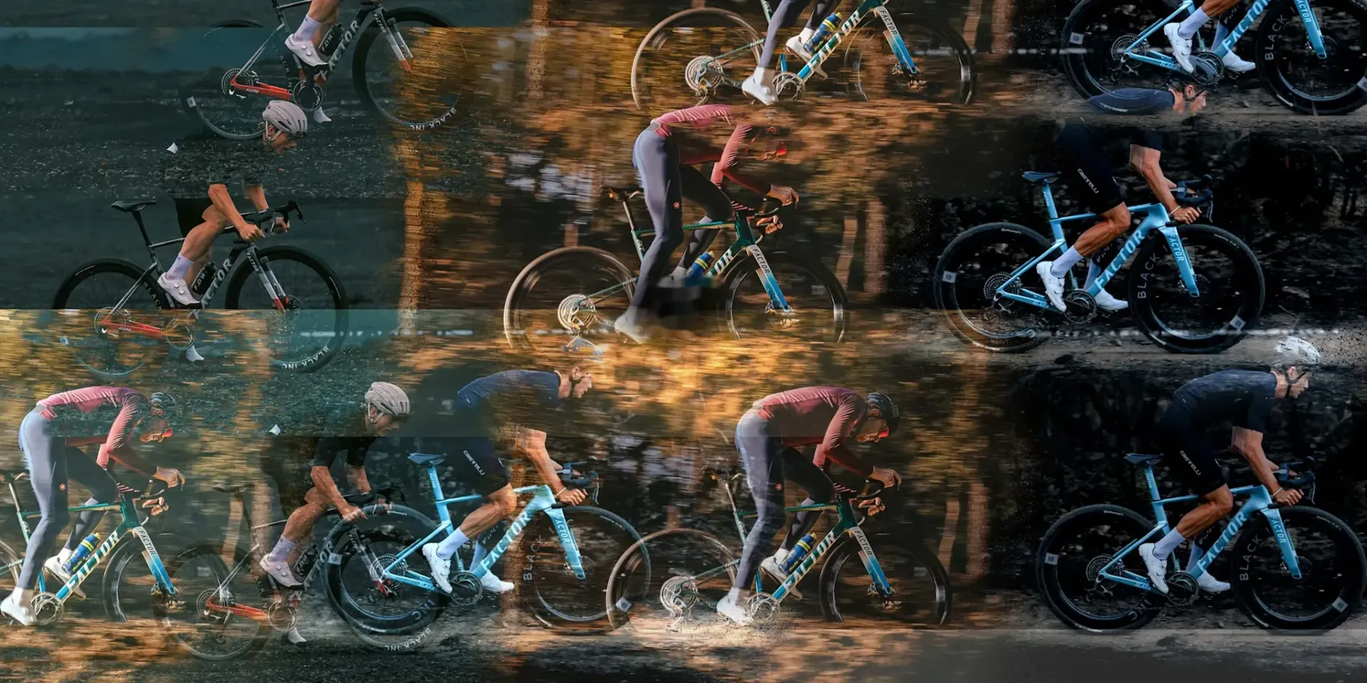 Wielrenners in een modderig parcours, van bovenaf gezien in een actiefoto met gesplitst scherm