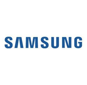 Logotipo azul de Samsung sobre fondo blanco