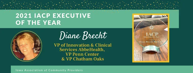 2021 IACP Executive of the Year award graphic for Diane Brecht, with photo and book image on green background