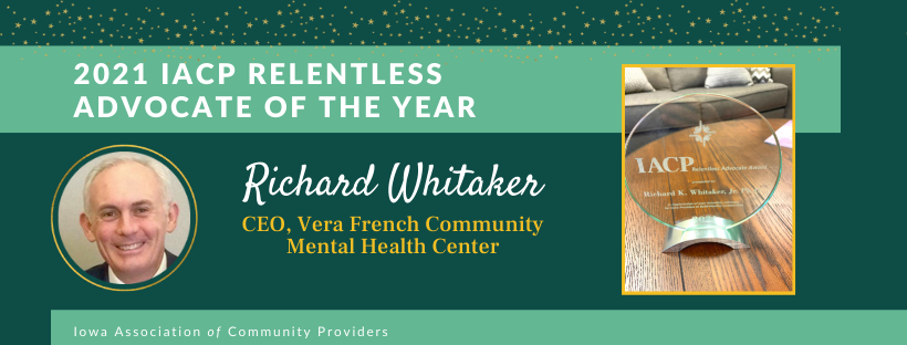 2021 IACP Relentless Advocate of the Year banner with Richard Whitaker headshot, green background, and award book cover