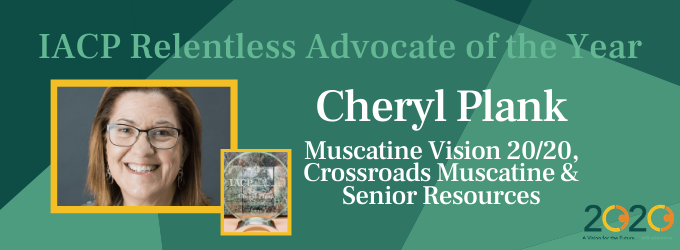 Cheryl Plank award banner with portrait, teal background, and text: IACP Relentless Advocate of the Year.