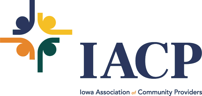 IACP logo with multicolored abstract cross and the text “IACP” and “Iowa Association of Community Providers”