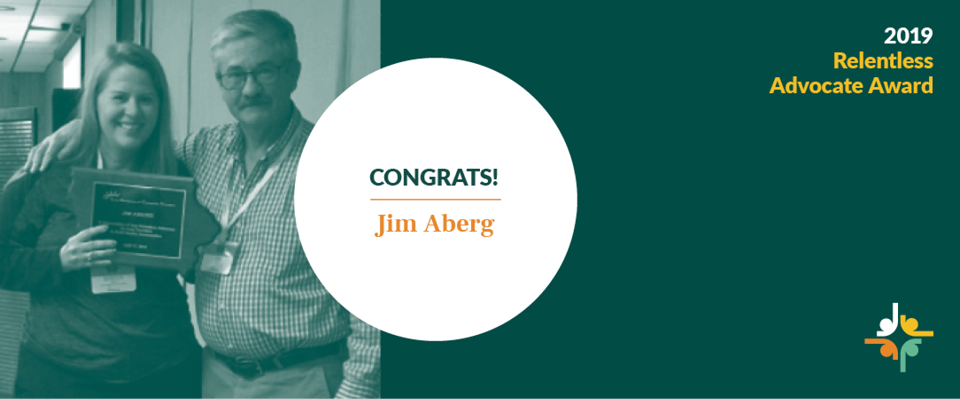 Man holding award beside “Congrats! Jim Aher” text on a teal 2019 Retiree Advocate Award graphic