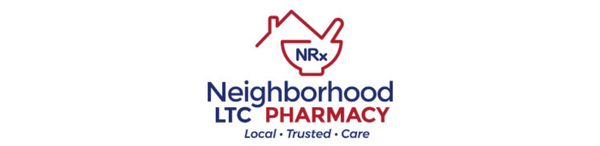 Neighborhhood LTC Pharmacy logo with a red house outline and blue text on a white background