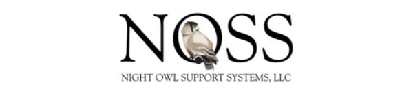 Black-and-white NOSS logo with stylized lettering and small text reading “Night Owl Support Systems, LLC”