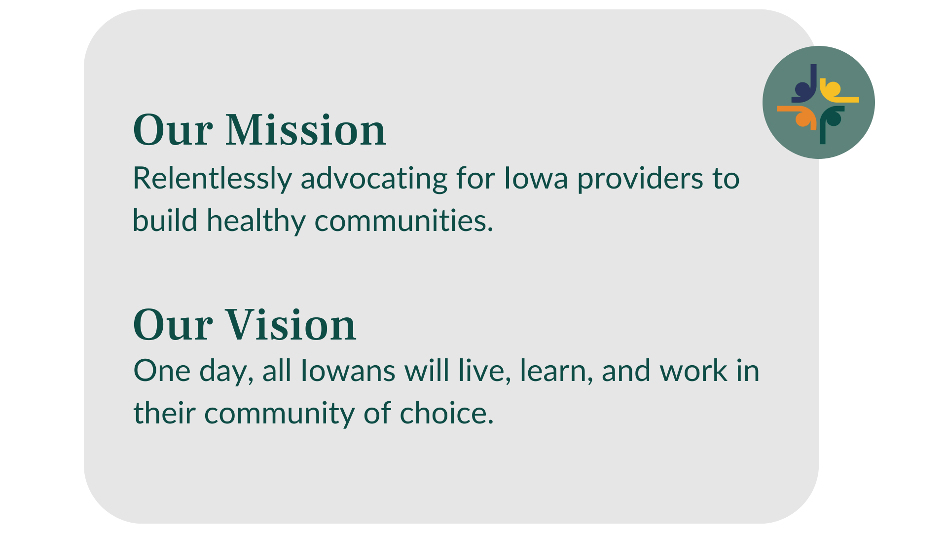 Mission and vision text on a gray card with a teal-and-orange circular icon.