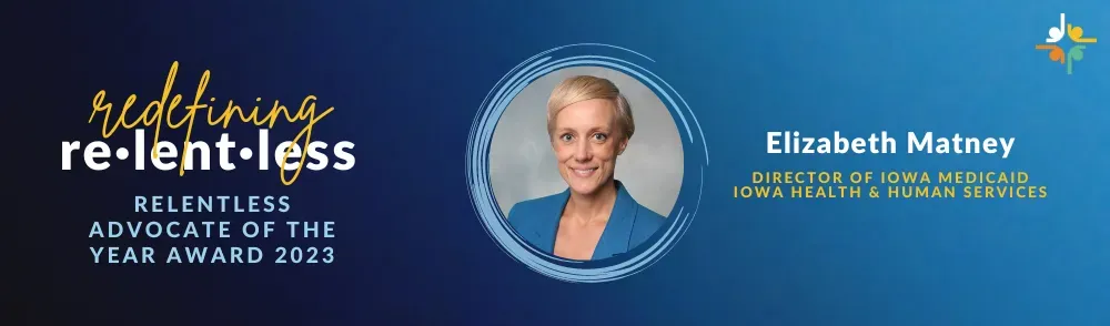 Blue banner for Elizabeth Meany, with a portrait and the text “Redefining retirement less.”