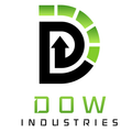 Logo for Dow Industries: A black "D" containing an upward arrow, with green segments on the right edge, above the company name.