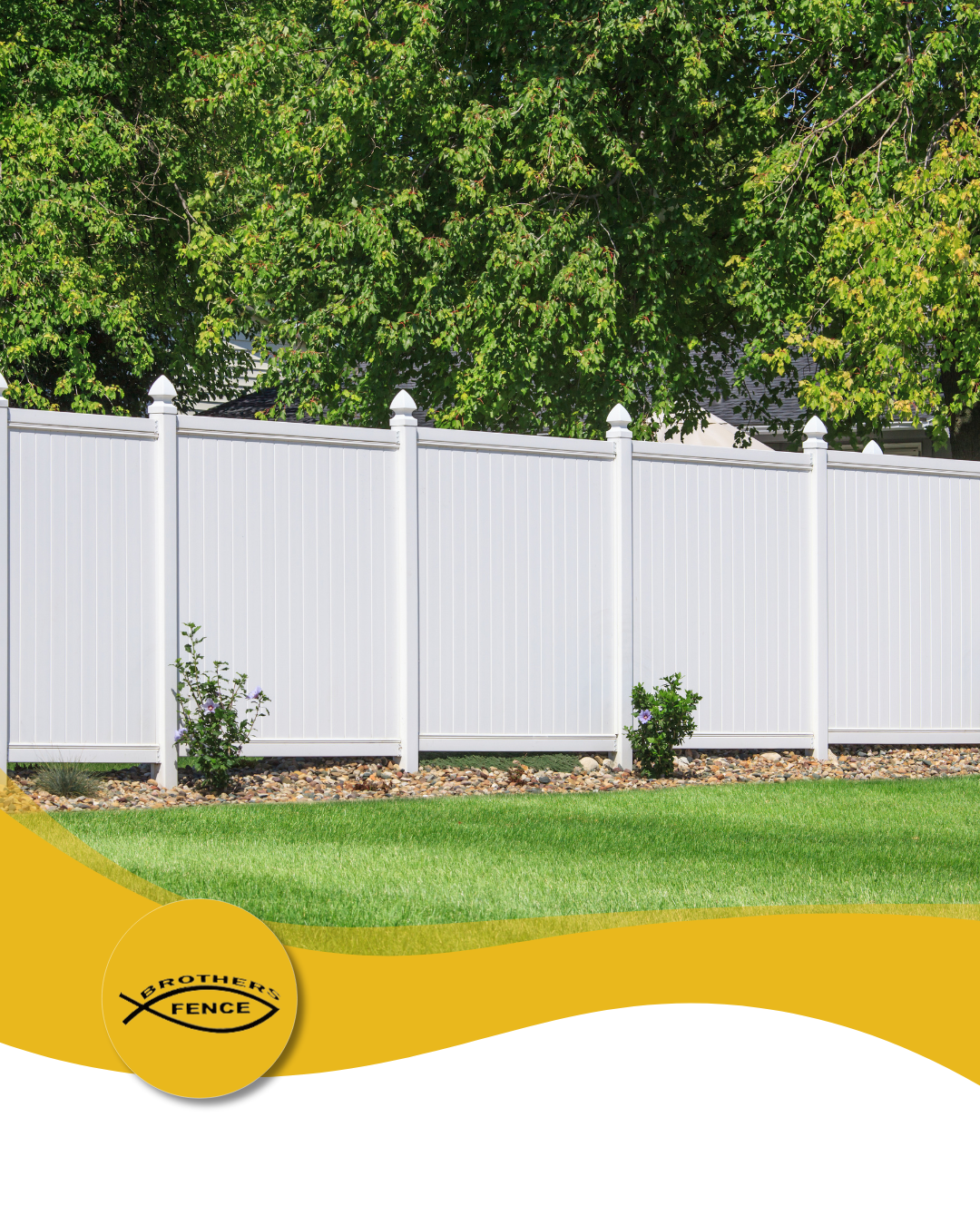 White vinyl fence in a grassy yard with trees in the background; company logo in the lower left.