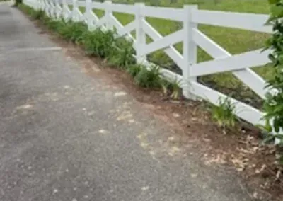 White criss-cross fence lines a gray asphalt path, with green plants and grass visible.