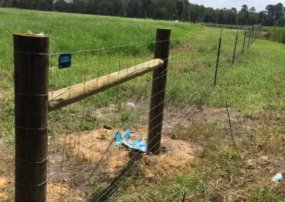 Wooden gate and fence in a grassy field under a cloudy sky.