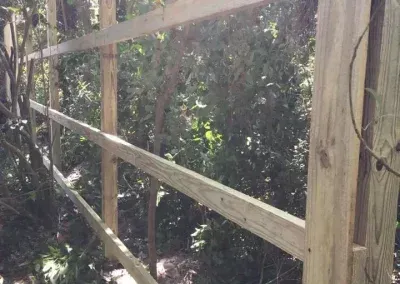 Wooden fence framing a view of trees and sunlight.