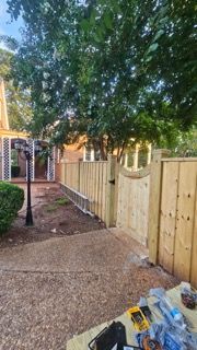 New wooden fence and gate surrounding a yard, with tools visible in the foreground.
