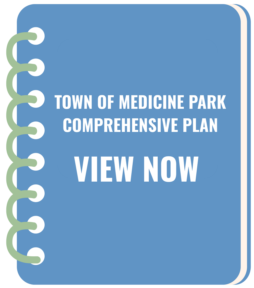 Blue spiral notebook icon with “Town of Medicine Park Comprehensive Plan” and “View Now” text