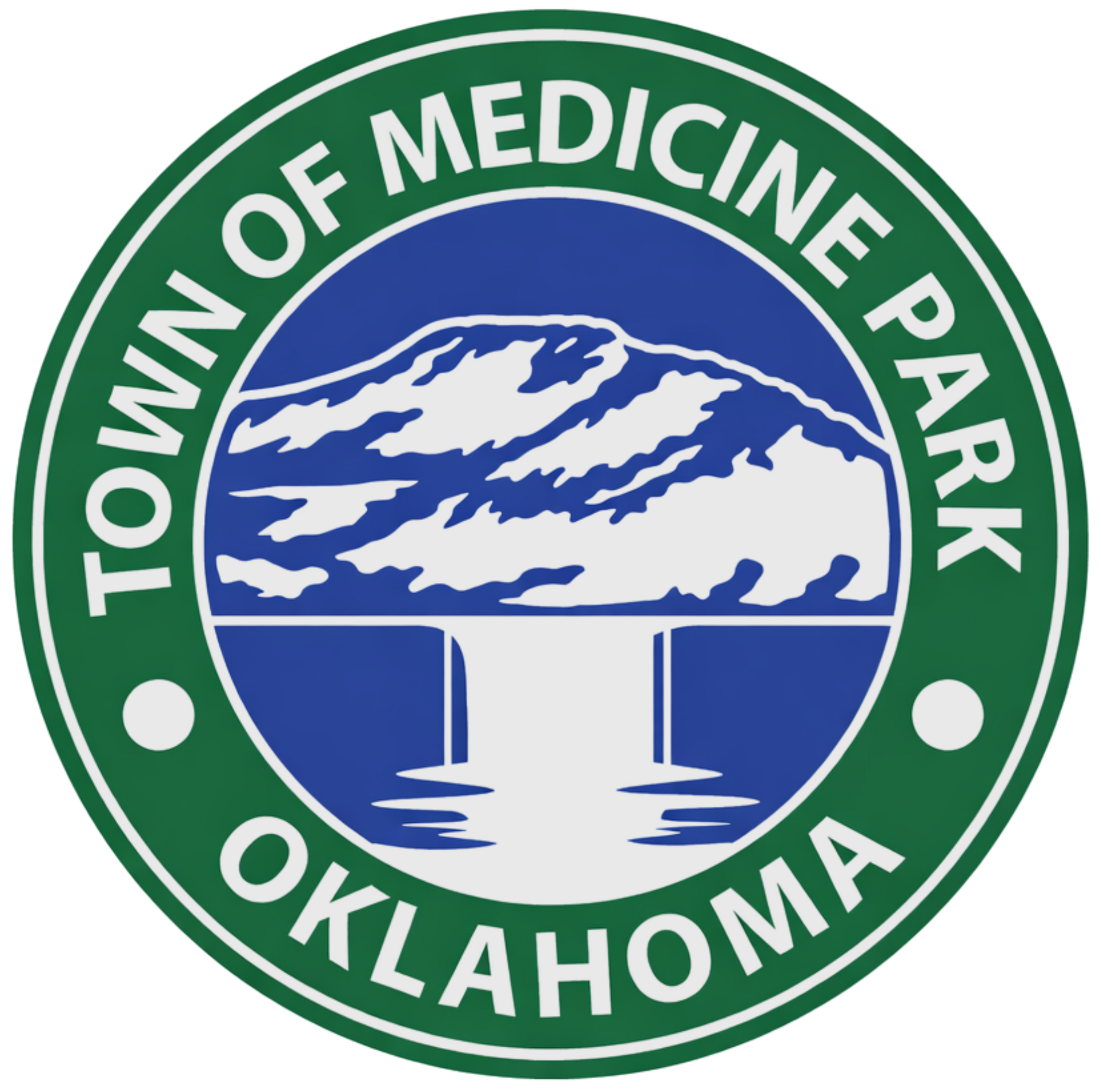 Town of Medicine Park, Oklahoma seal with green ring and mountain-and-water emblem