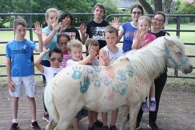 Children with handprints on a white pony, waving near a fence. Outdoors, green grass.