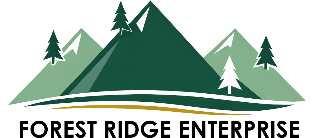 Logo of Forest Ridge Enterprise: green mountains with pine trees, tan line, and black text.