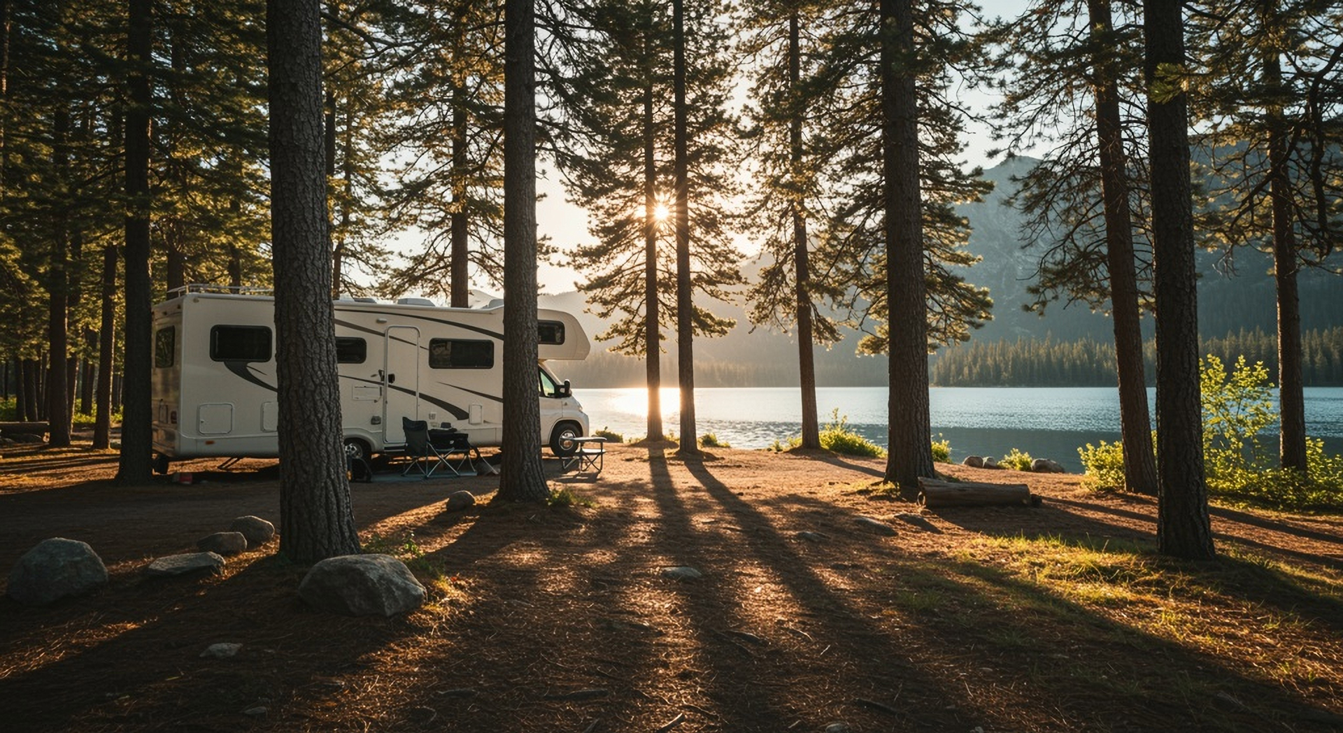 RV parked by a lake among trees, sunlight filtering through.