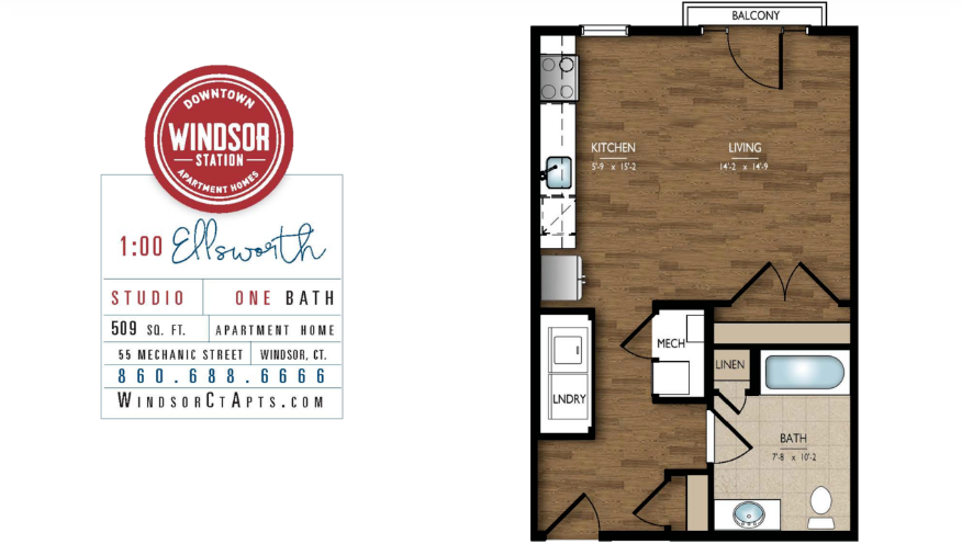 A floor plan for a one bedroom apartment at windsor station